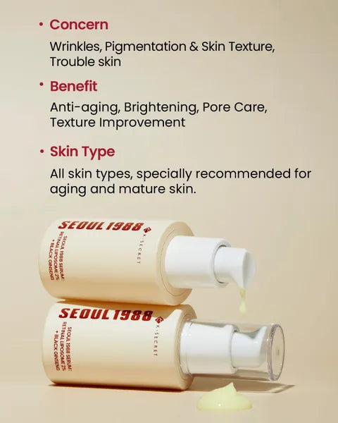 K-SECRET SEOUL 1988 Serum : Retinal Liposome 2% + Black Ginseng, 30ml/1.01fl.oz | 58% Black Ginseng Extract | Retinal serum, Bakuchiol, VitaminC&3Peptides for Wrinkle Care | Korean Skincare | seoul1988