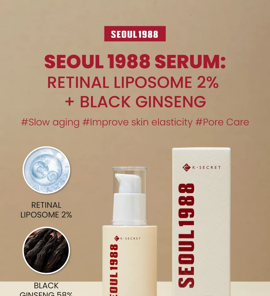 K-SECRET SEOUL 1988 Serum : Retinal Liposome 2% + Black Ginseng, 30ml/1.01fl.oz | 58% Black Ginseng Extract | Retinal serum, Bakuchiol, VitaminC&3Peptides for Wrinkle Care | Korean Skincare | seoul1988