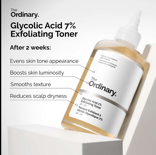 The Ordinary Glycolic Acid 7% Exfoliating Toner (240 ml) For Broken and Inflammed Skin, Bad Odour - Darker Underarms and Dandruff free Scalp
